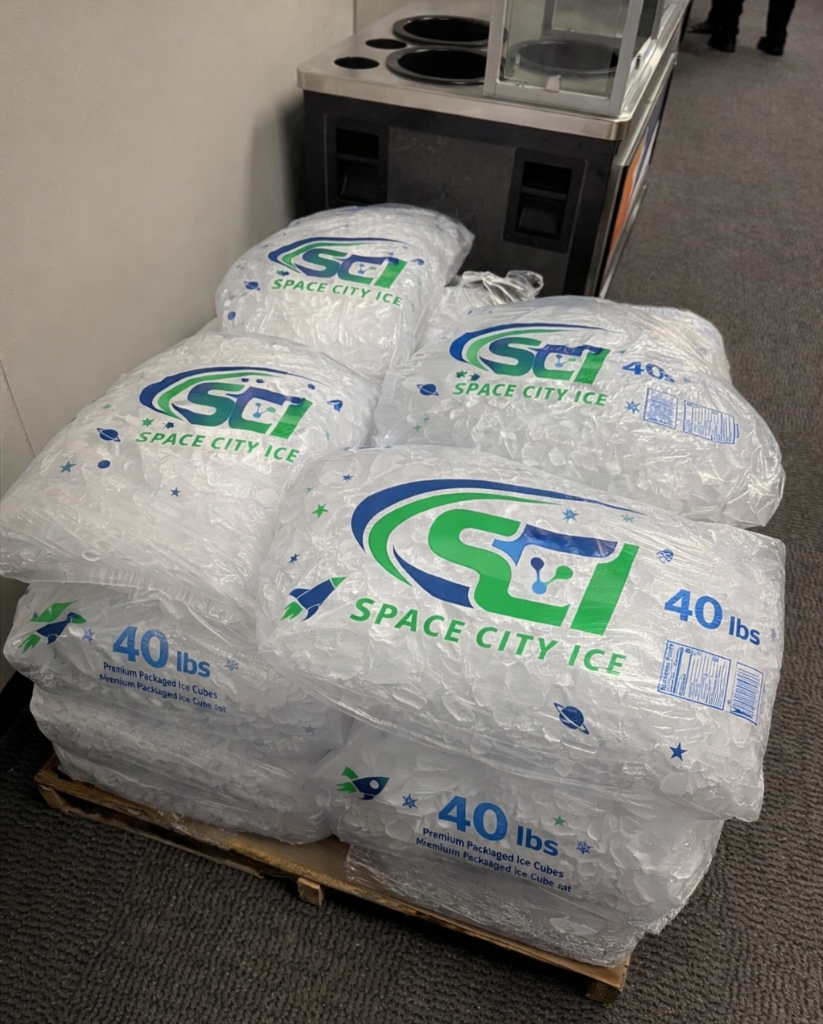 Space City Ice 40lb Packaged Ice Bags on Pallet
